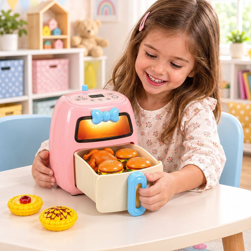 Air fryer de juguete con escala ajustada junto a la niña