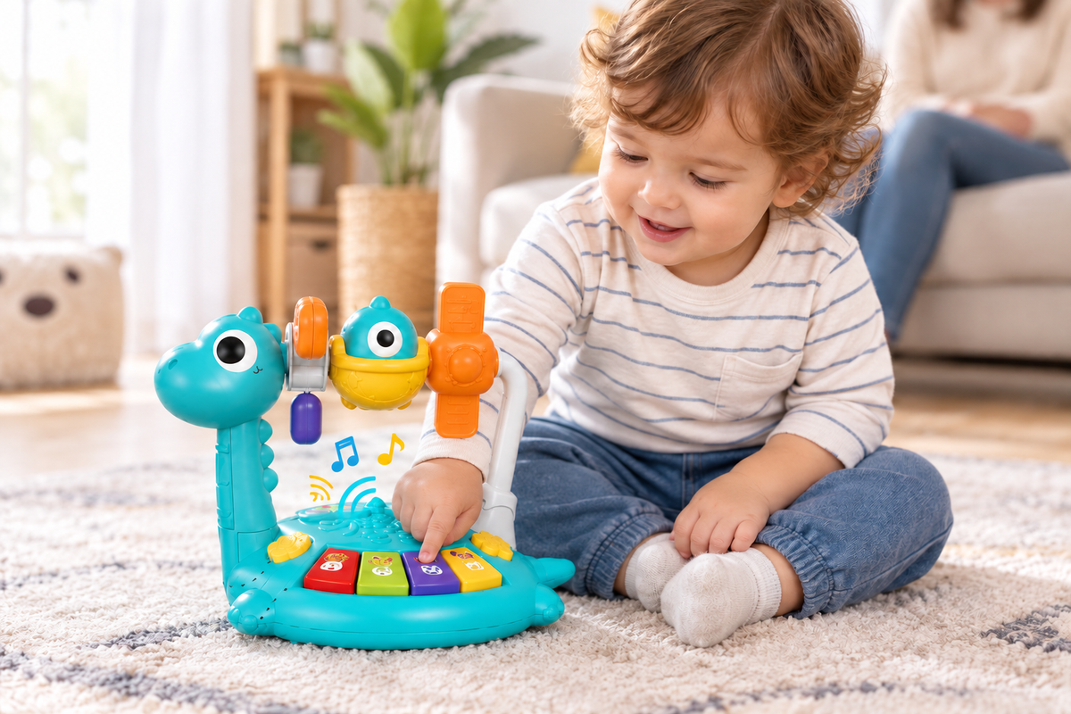 Bebé jugando con el piano-dinosaurio y ondas musicales