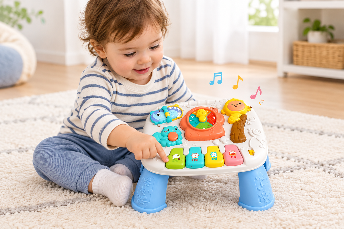Bebé jugando con la mesa piano de actividades