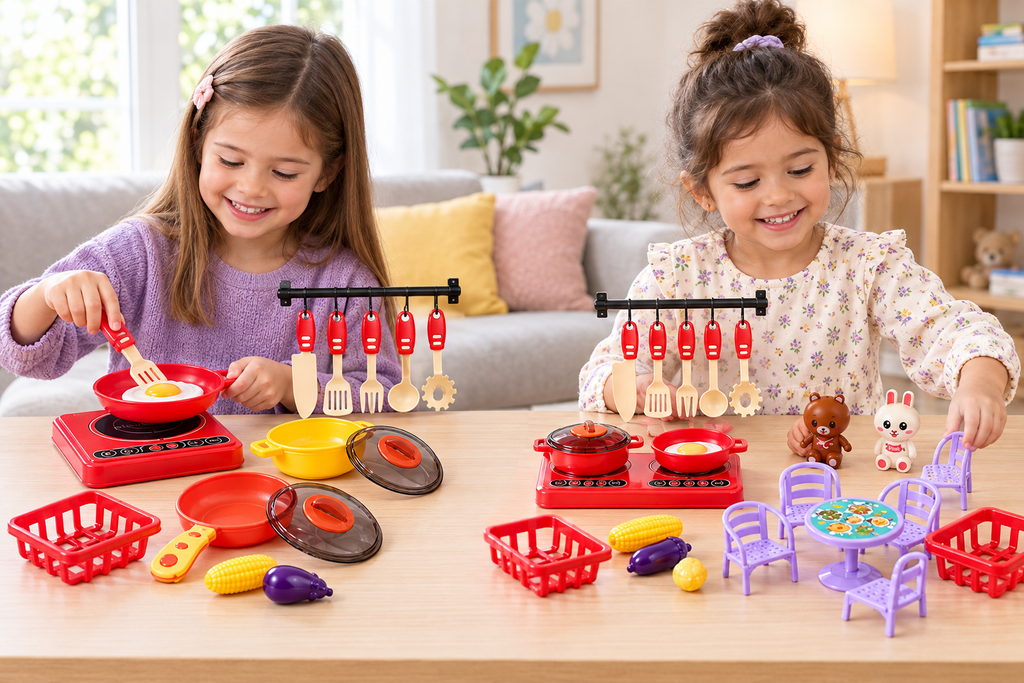 Dos niñas, cada una con su propio set de cocina