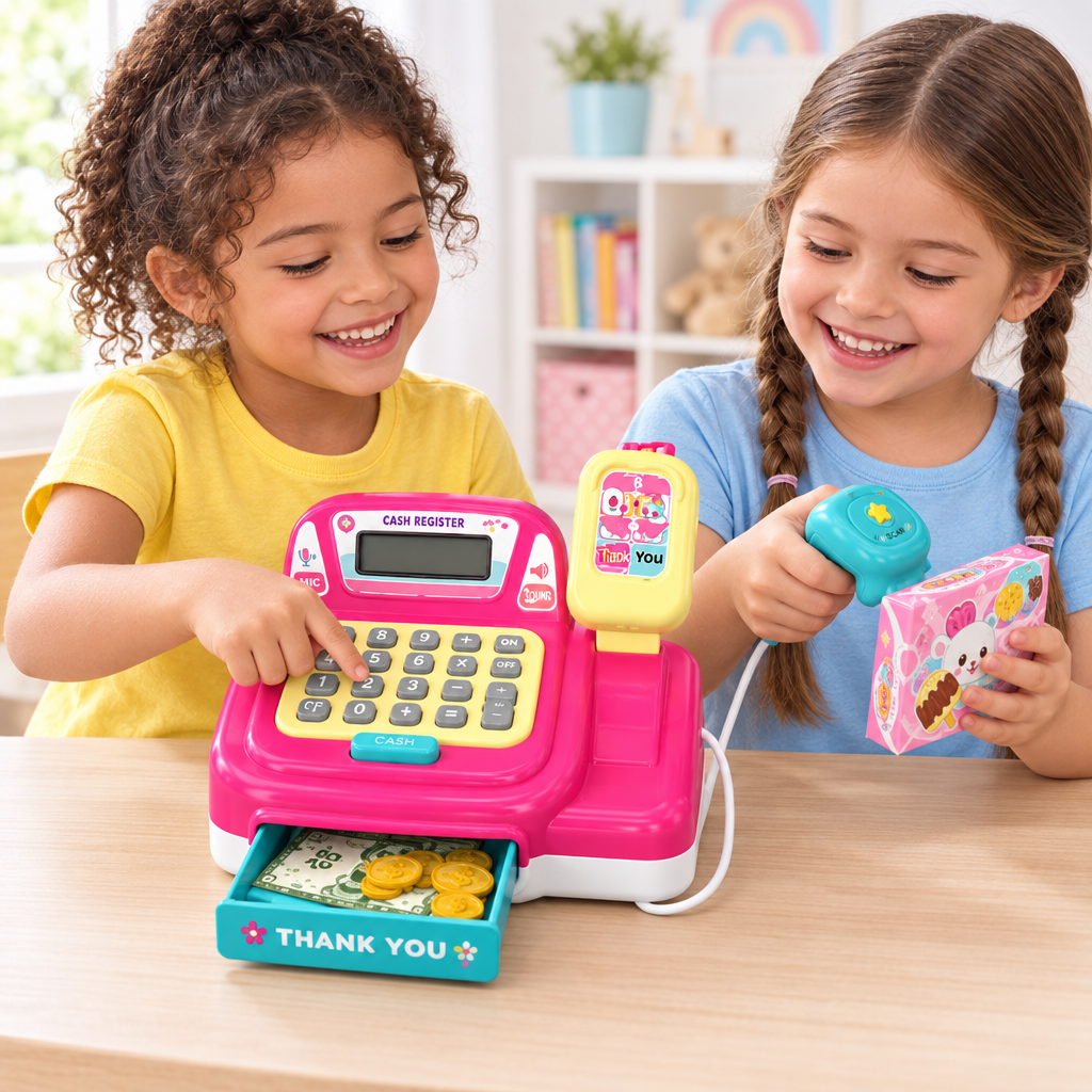 Dos niñas jugando con la caja registradora rosa