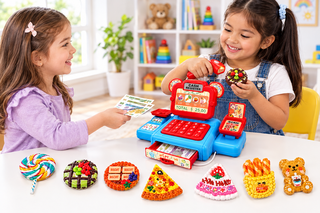 Dos niñas jugando con la caja registradora y sus accesorios