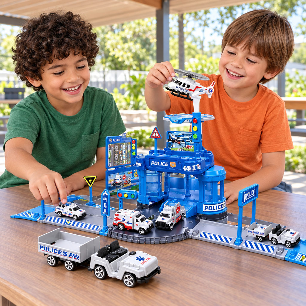 Dos niños diferentes jugando con la pista azul de policía