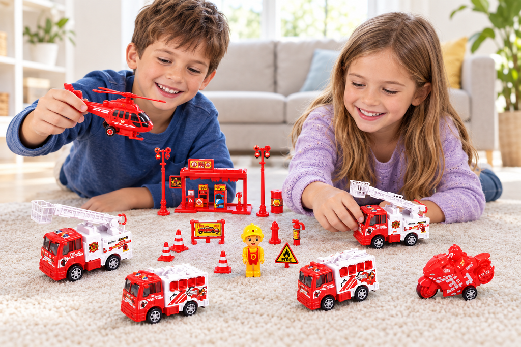 Dos niños jugando con el set de bomberos