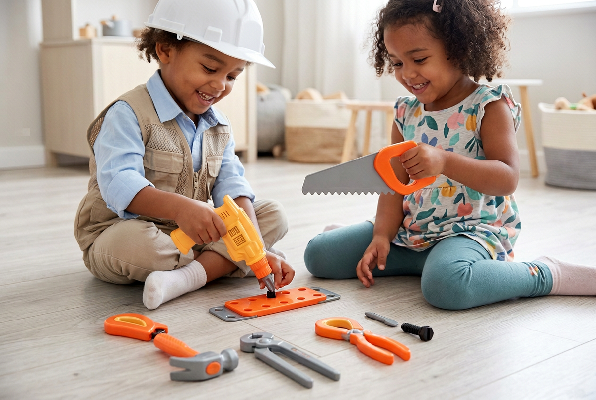Dos niños jugando con el set de herramientas, uno vestido de arquitecto