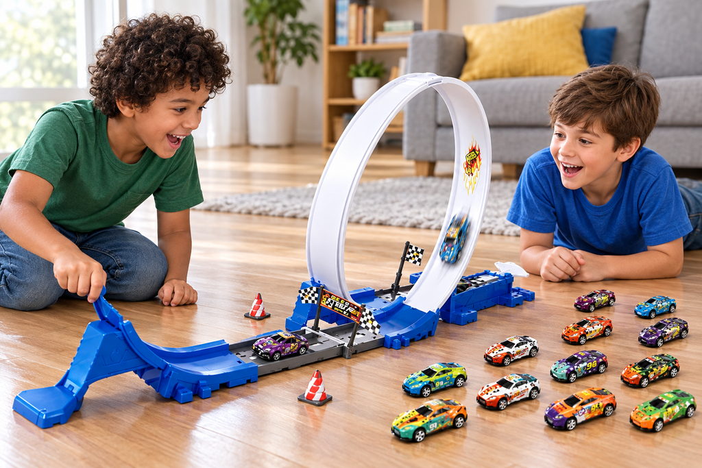 Dos niños jugando con la estación de carreras