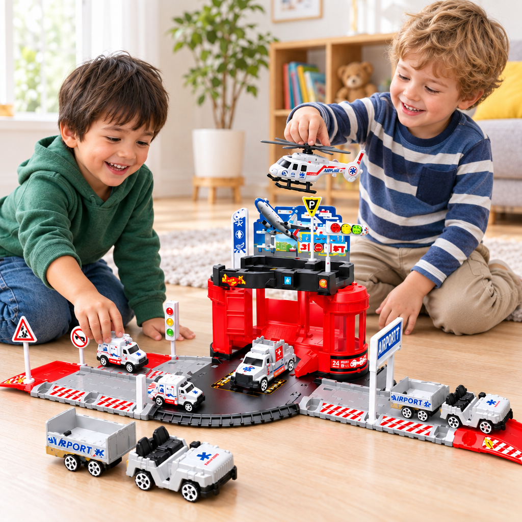 Dos niños jugando con la pista de rescate aéreo