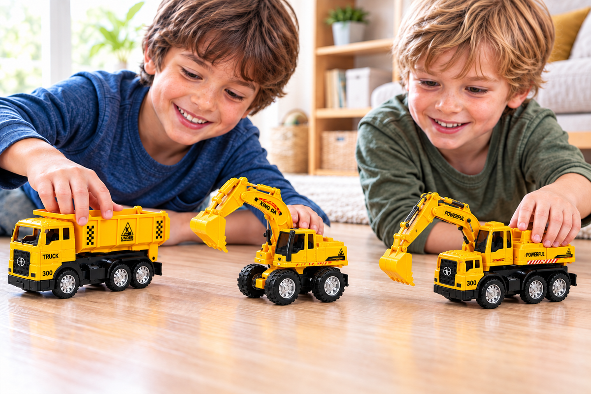Dos niños jugando con los vehículos de construcción, incluido el modelo con brazo delantero