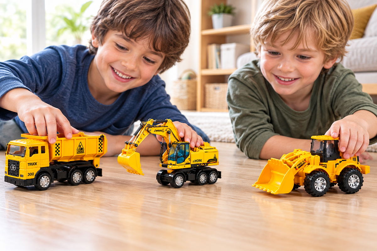 Dos niños jugando con tres vehículos de construcción de juguete
