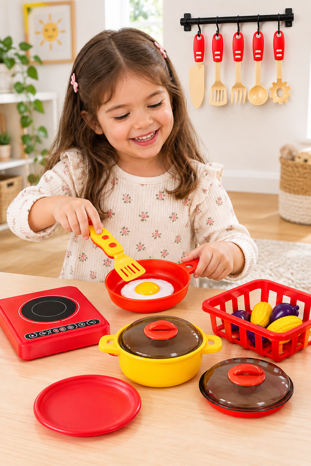 Niña con el set rojo de cocina