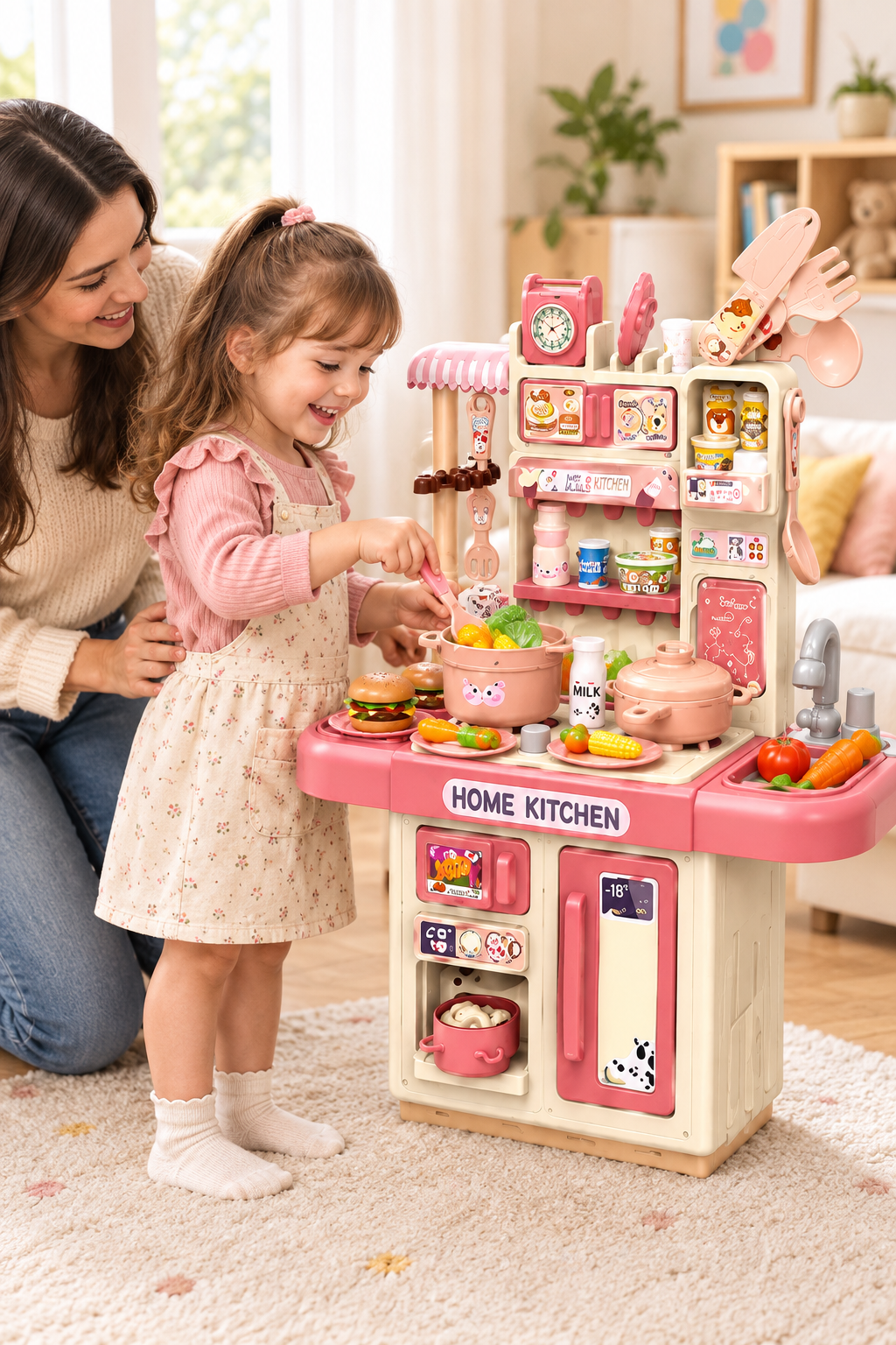 Niña de 4 años jugando con la cocina de juguete