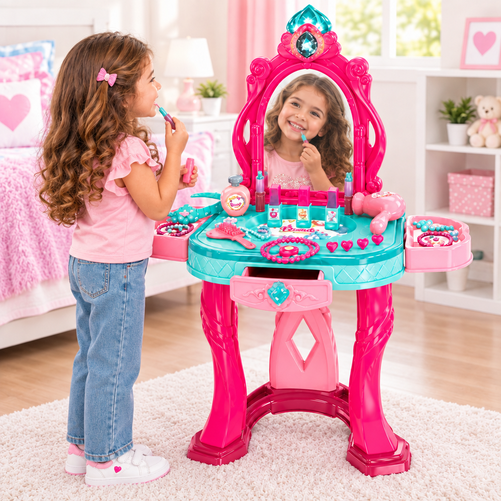 Niña de pie jugando con el tocador sin silla