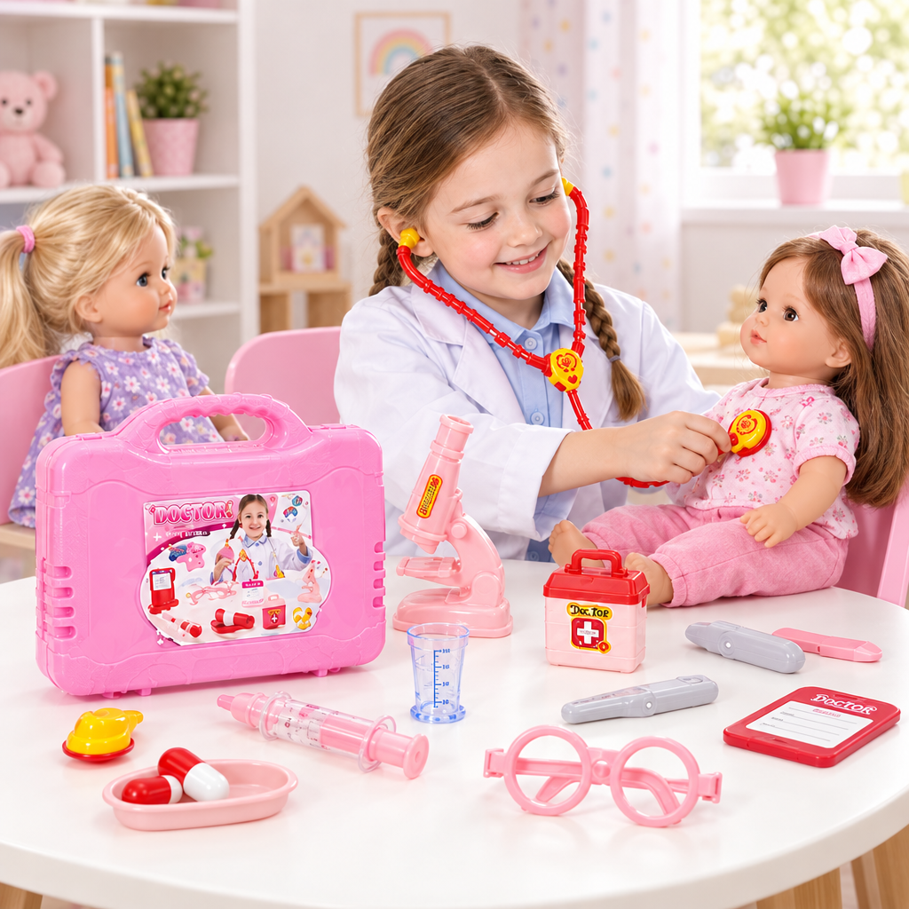 Niña jugando a ser doctora con sus muñecas