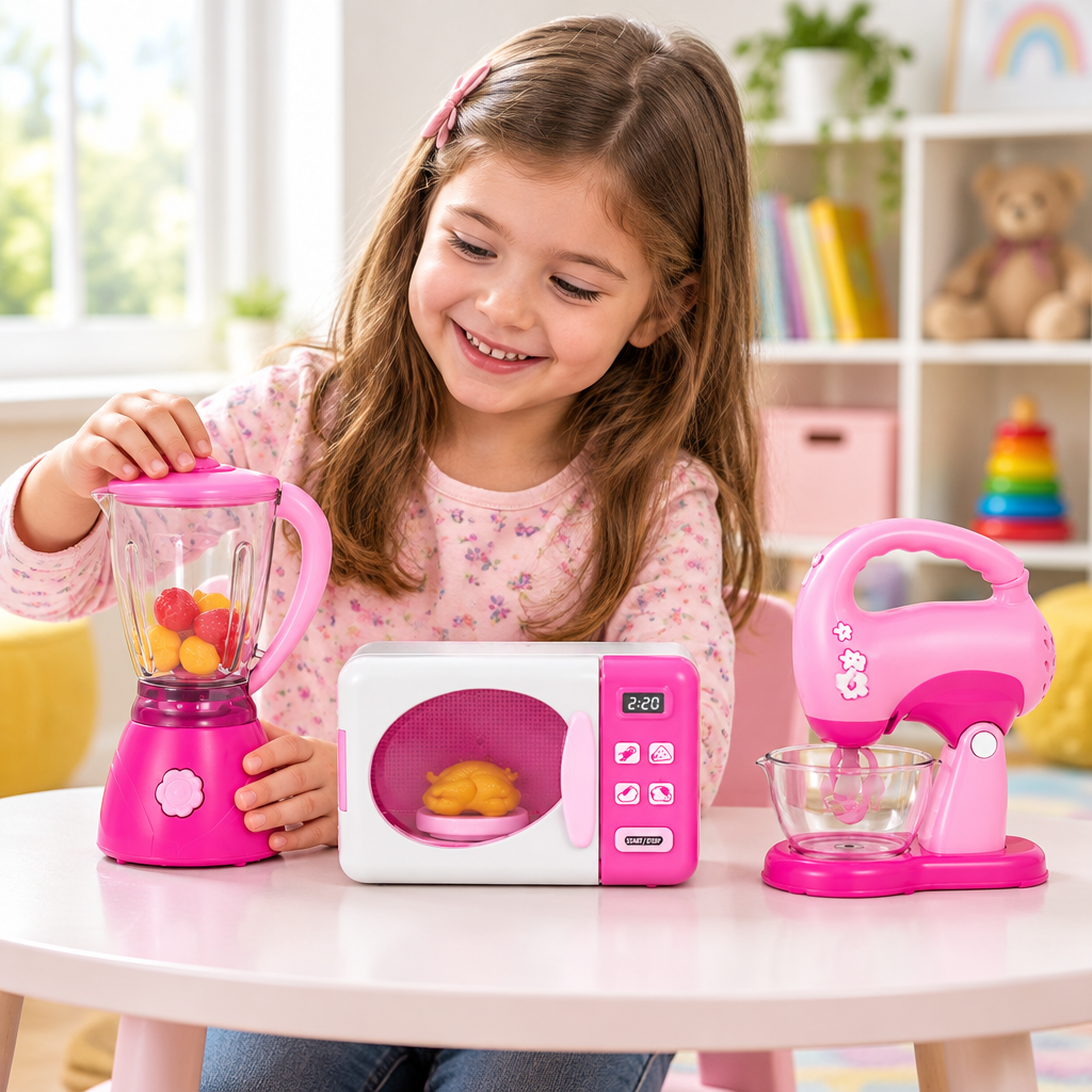 Niña jugando con el set de cocina de juguete