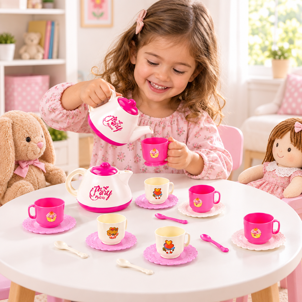 Niña jugando con el set de té infantil