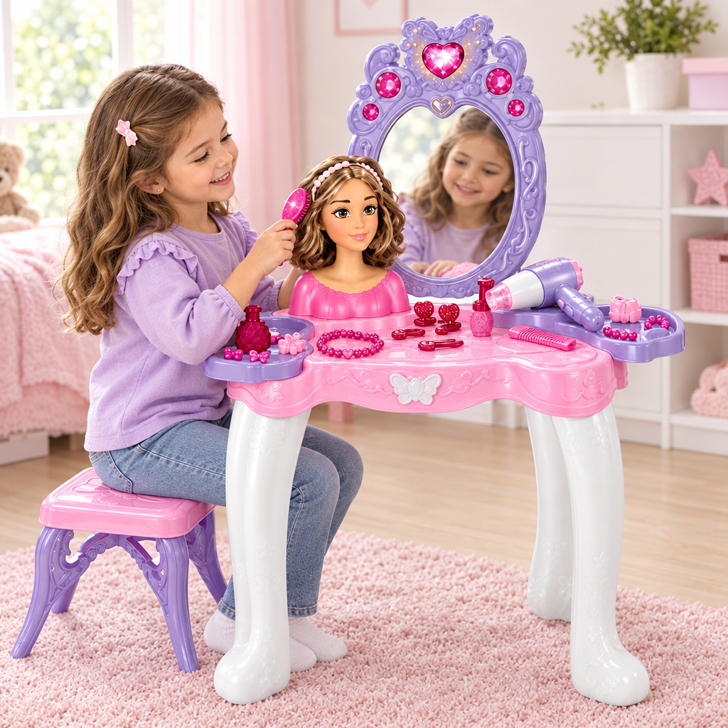 Niña jugando con el tocador y sus accesorios