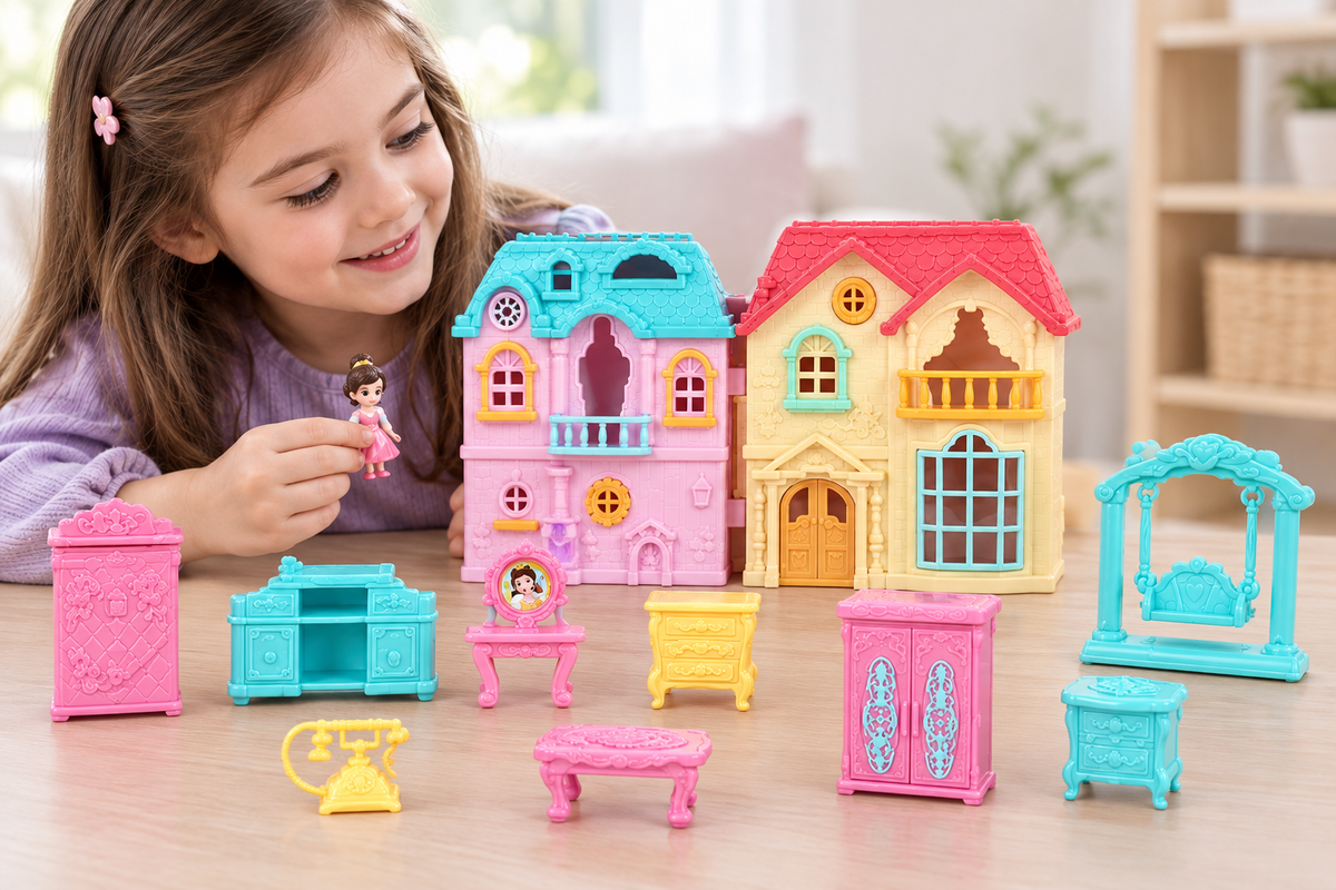 Niña jugando con la casita y sus accesorios