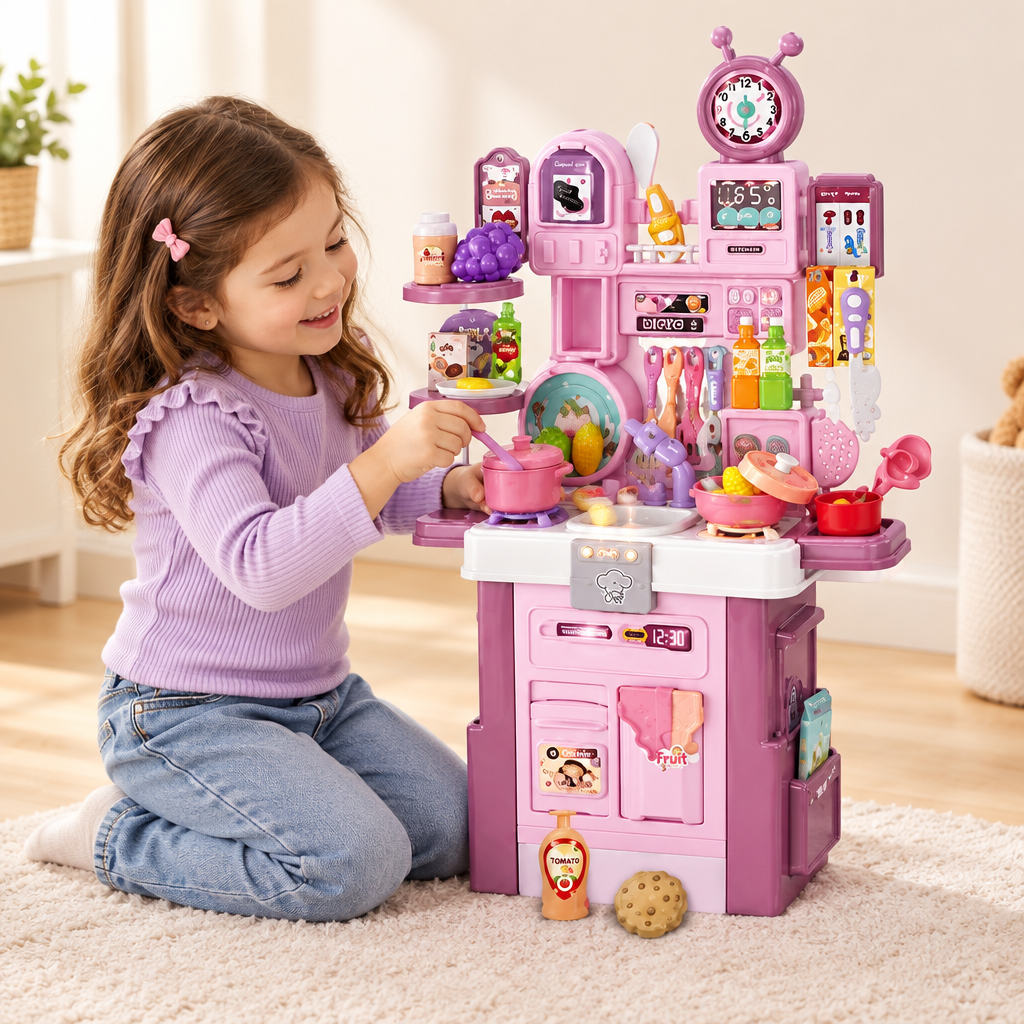 Niña jugando con la cocina infantil armada