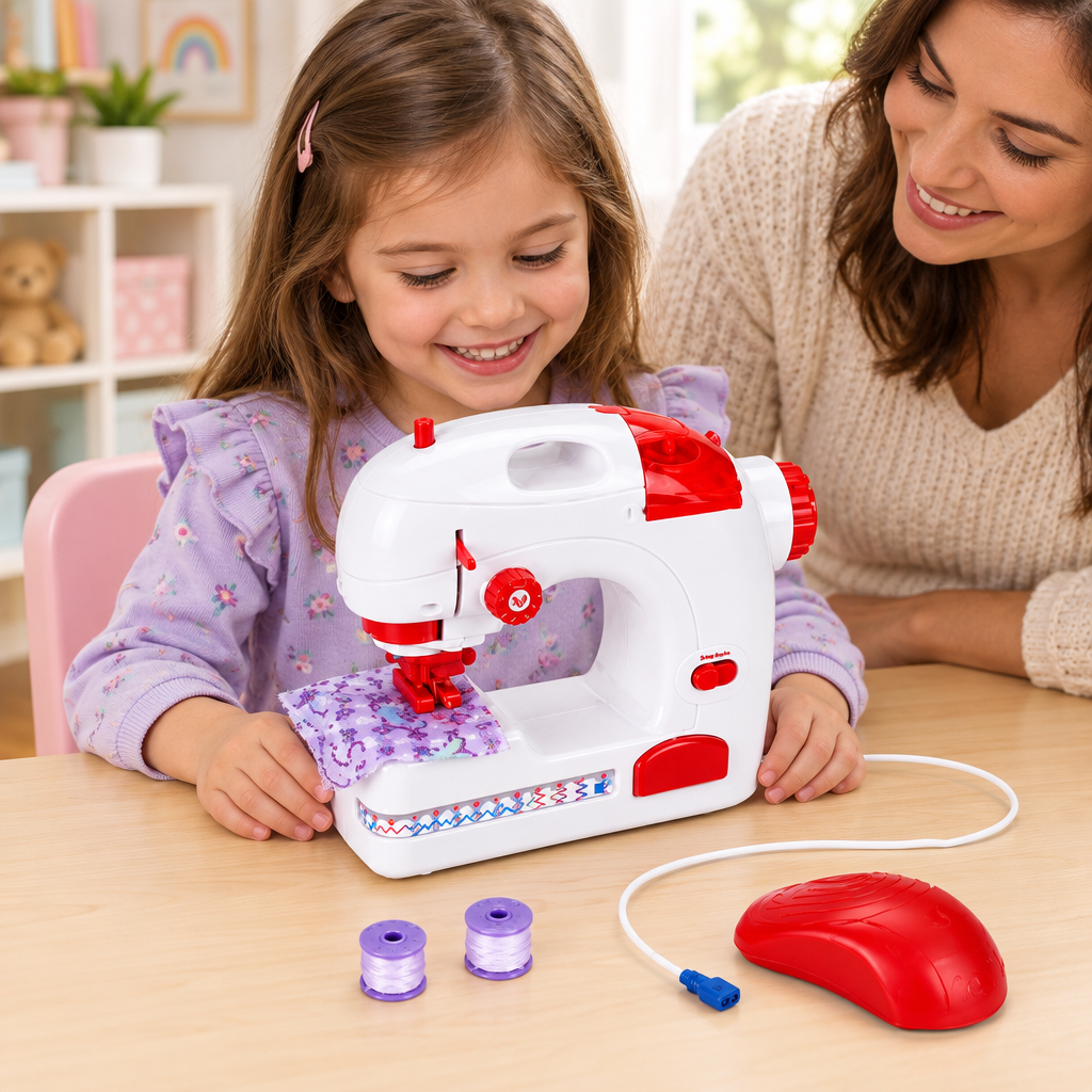Niña jugando con la máquina de coser infantil