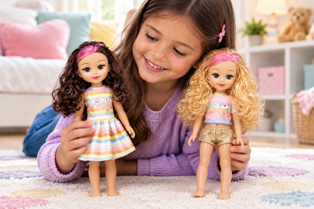 Niña jugando con la muñeca de vestido y la muñeca de short