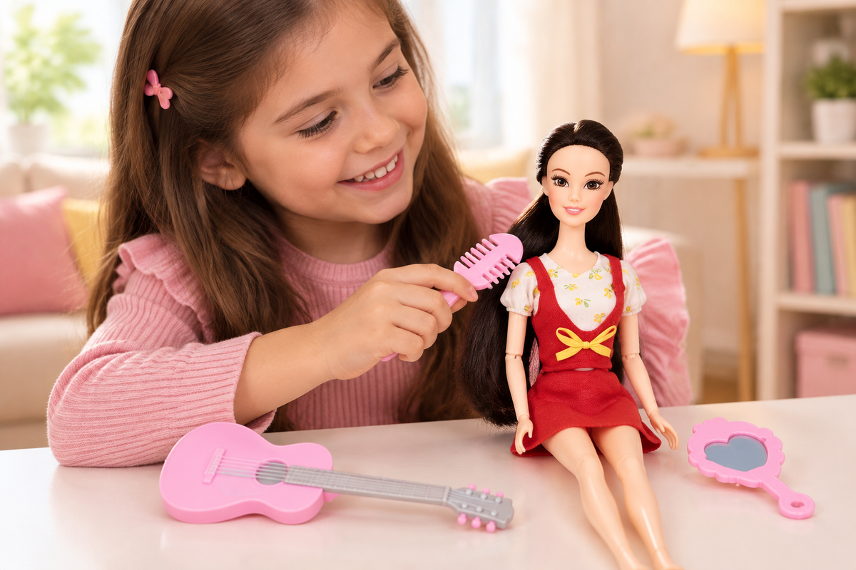 Niña jugando con la muñeca, guitarra y accesorios