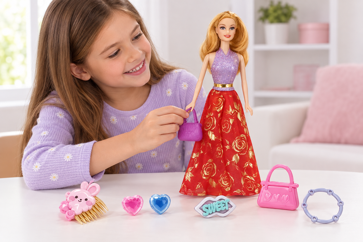 Niña jugando junto a la muñeca completa y sus accesorios