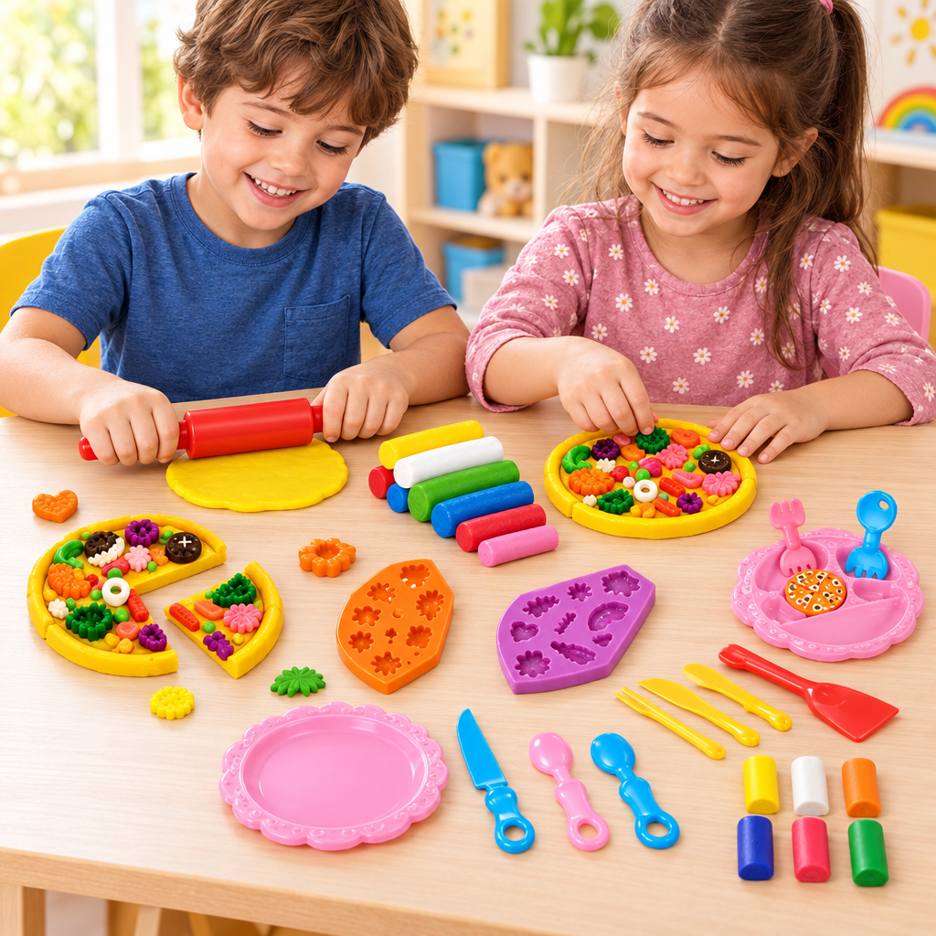 Niña y niño jugando con el set de pizza
