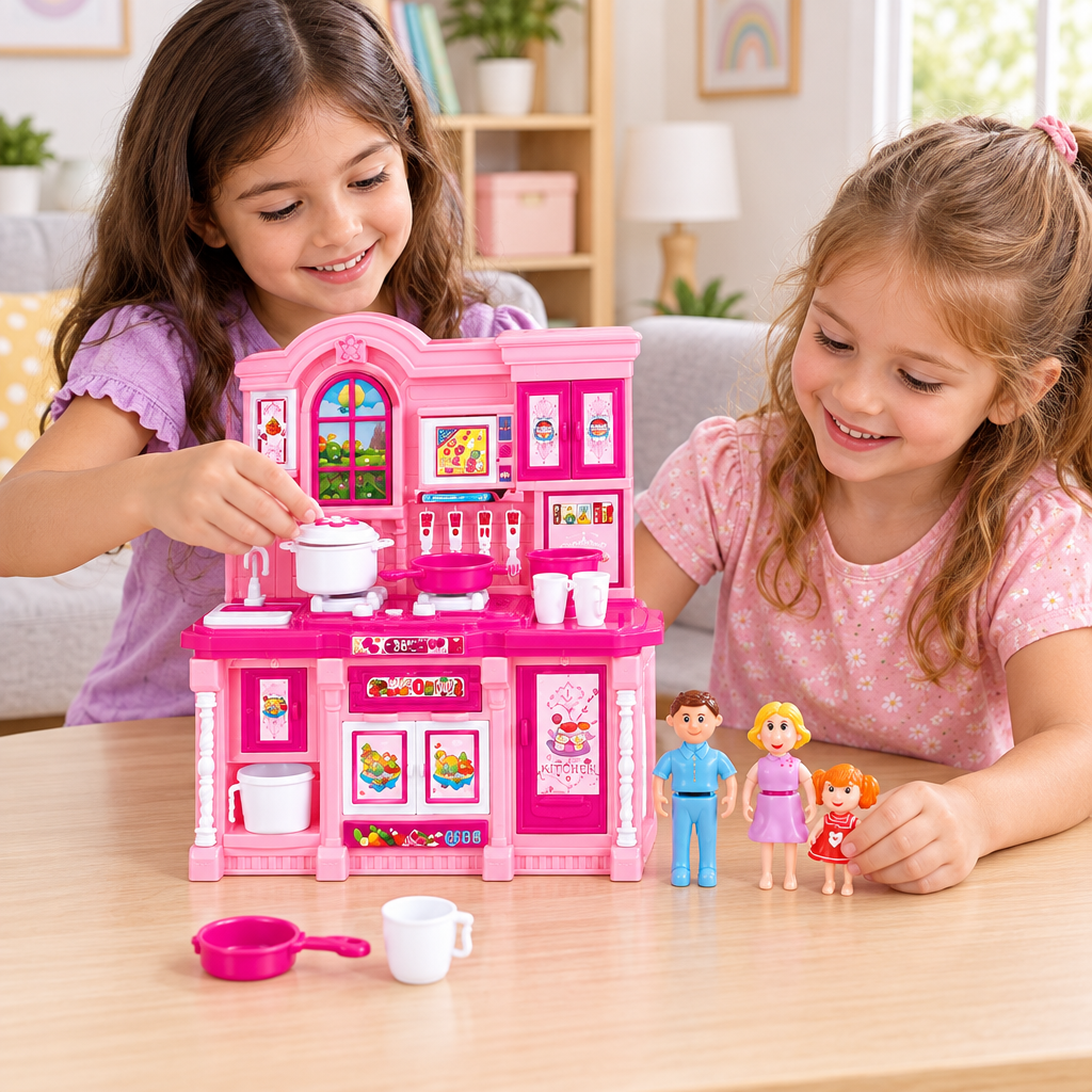 Niñas jugando con el set de cocina y familia