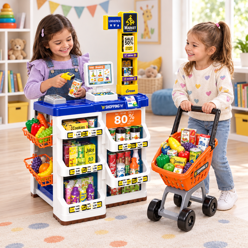 Niñas jugando con el supermercado de juguete