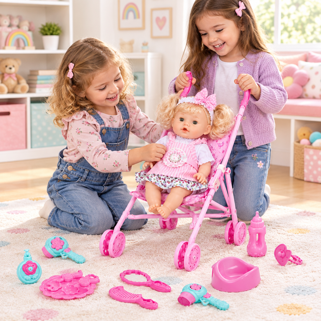 Niñas jugando con la muñeca y su cochecito