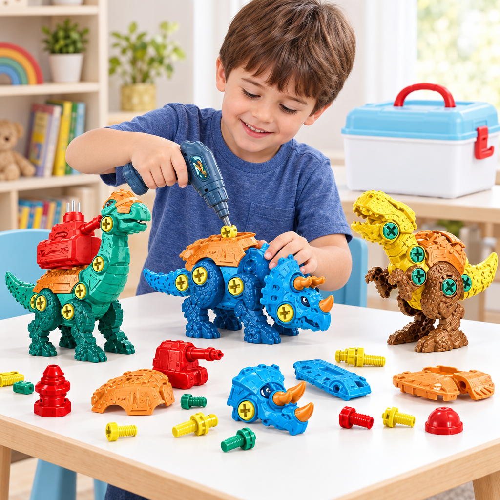 Niño armando y desarmando los dinosaurios de juguete