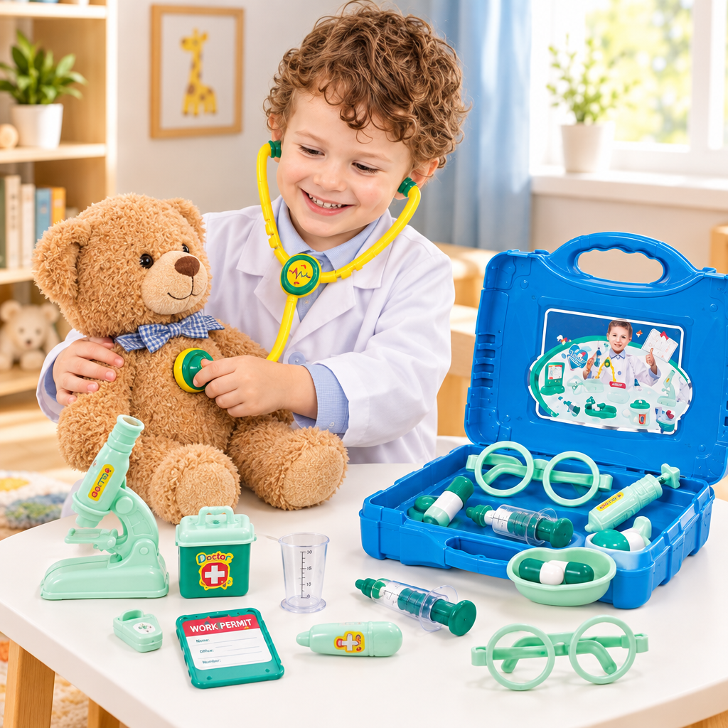 Niño jugando al doctor con la maleta azul