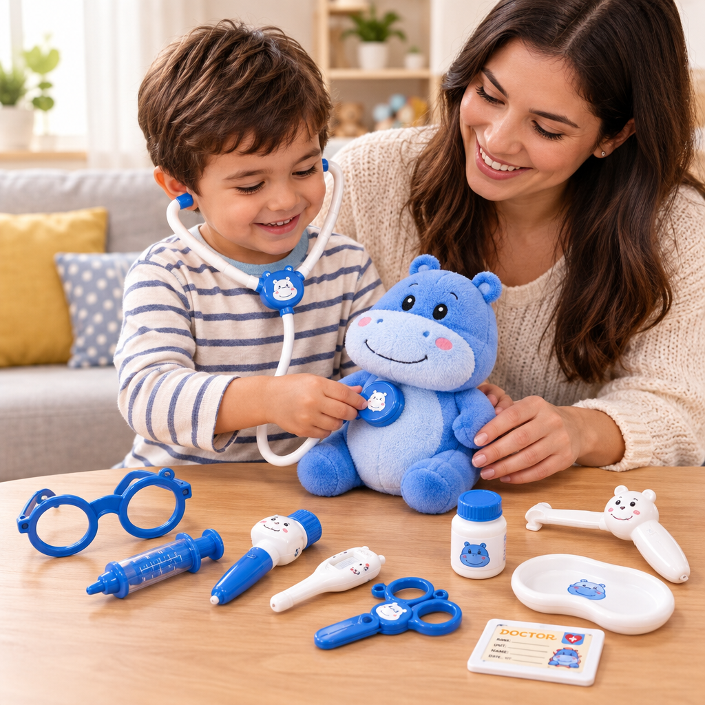 Niño jugando al doctor con su mamá