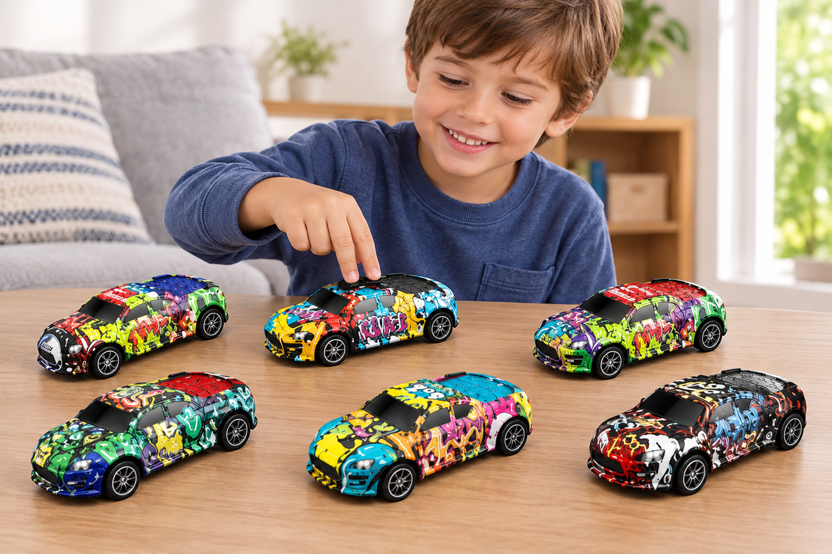 Niño jugando con carros grafitados con proporción ajustada