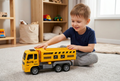 Niño jugando con el camión de construcción con el largo reducido