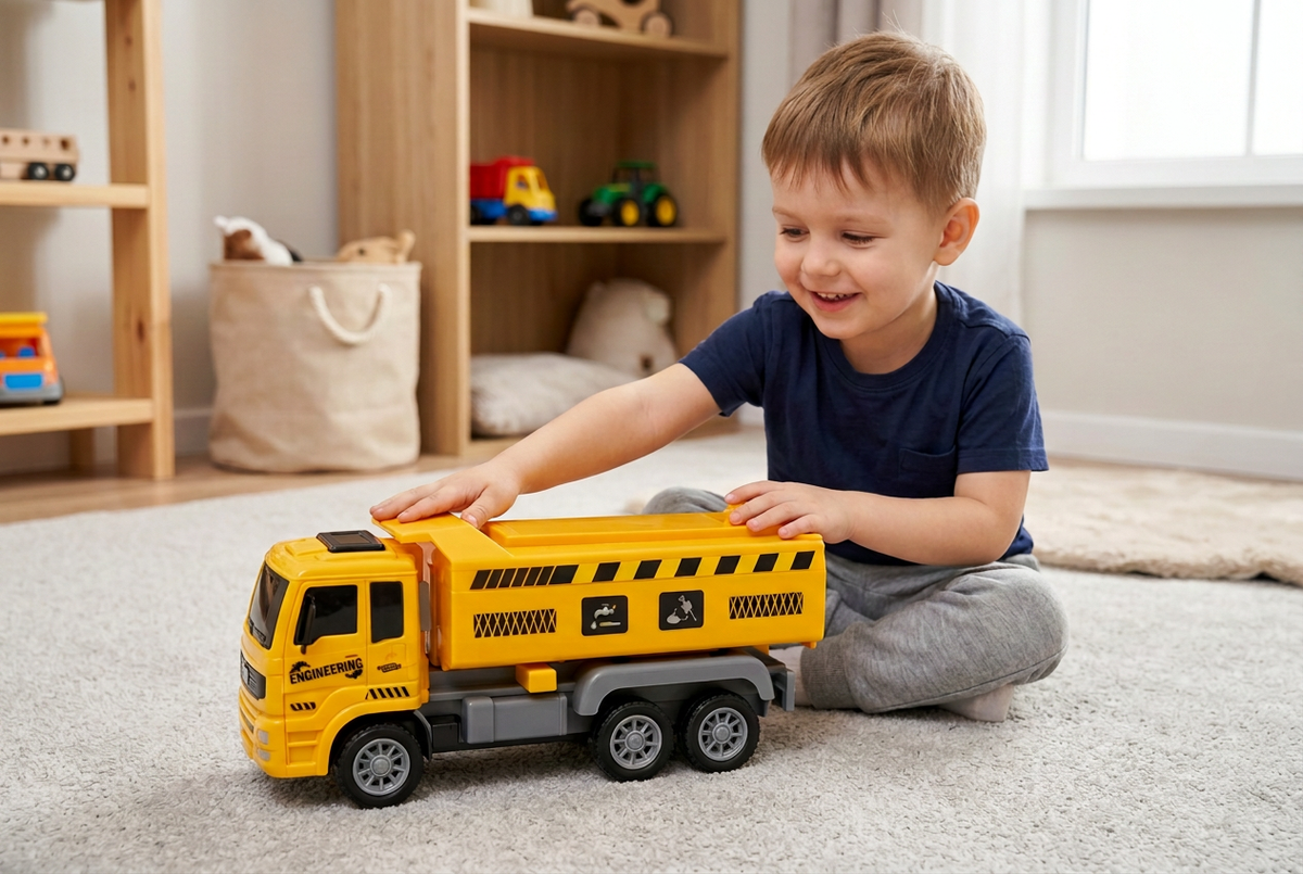 Niño jugando con el camión de construcción con el largo reducido