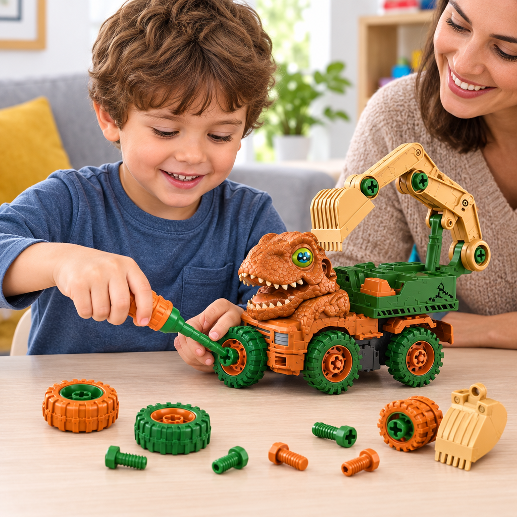 Niño jugando con el camión dinosaurio de ensamble