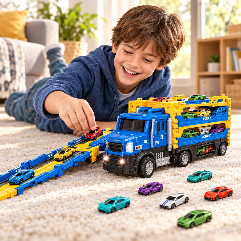 Niño jugando con el camión portacoches y la pista