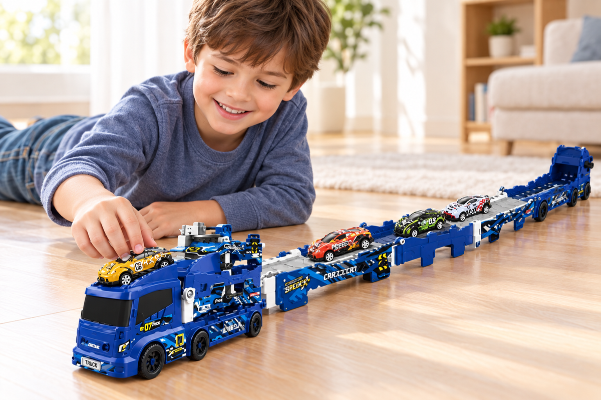 Niño jugando con el camión y su pista de carreras