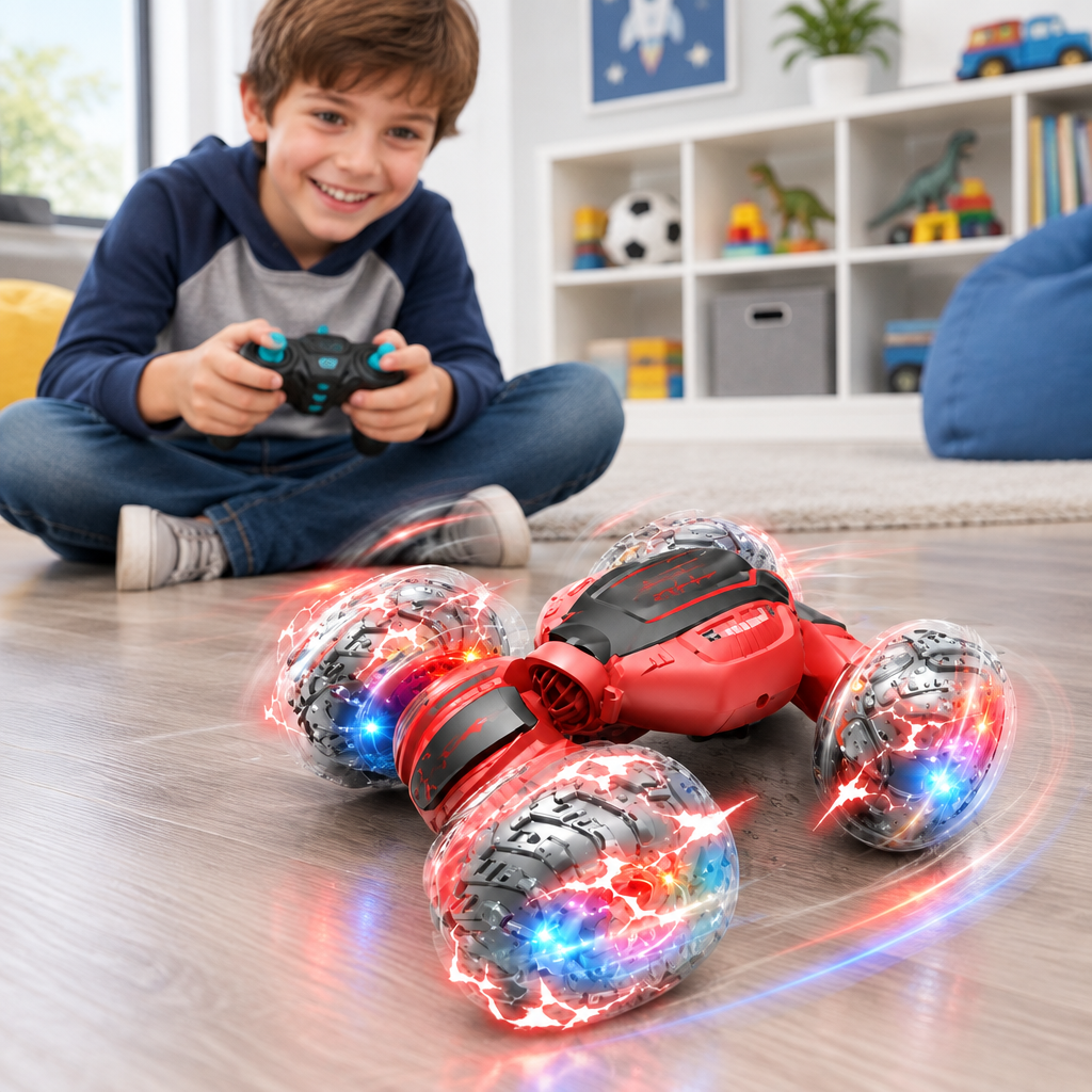 Niño jugando con el carro acrobático rojo