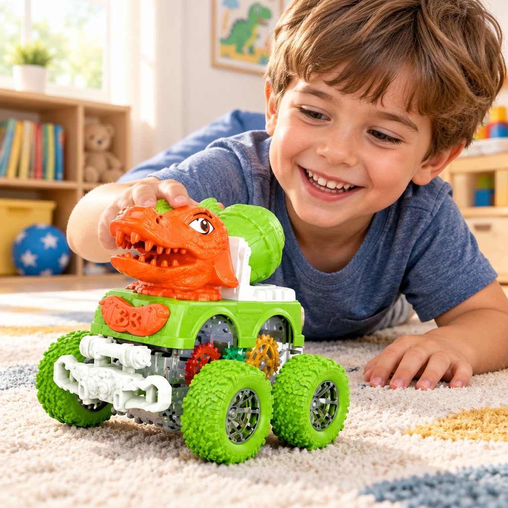 Niño jugando con el carro dinosaurio