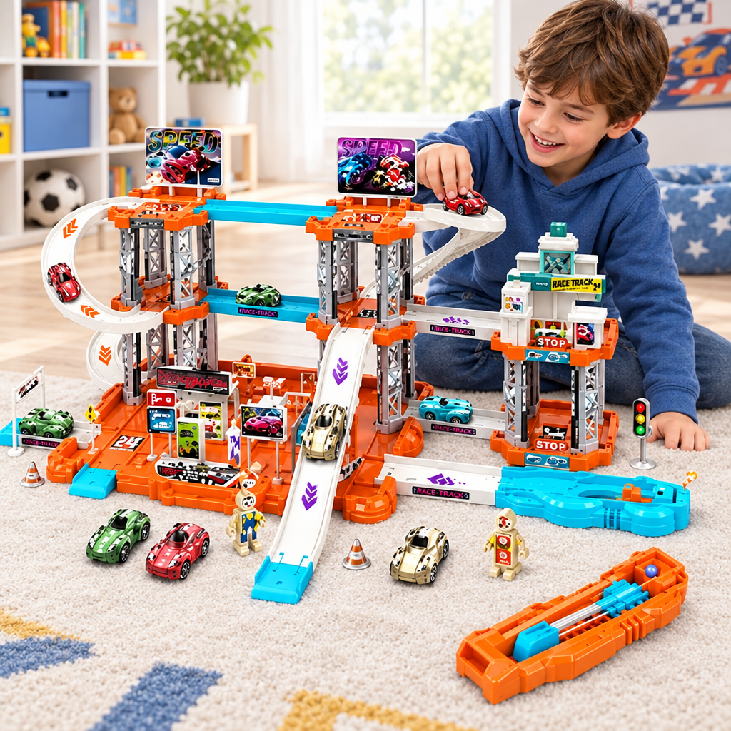 Niño jugando con el circuito de carreras
