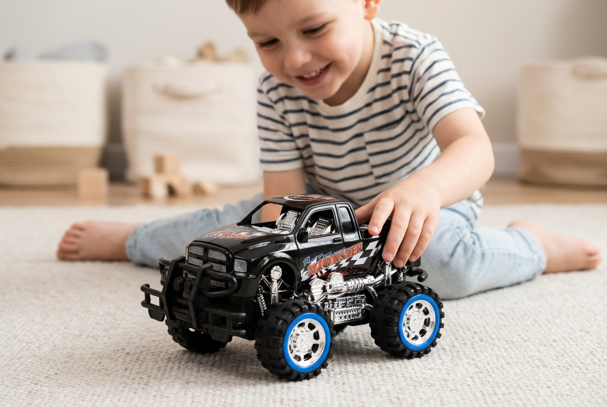 Niño jugando con el Monster Truck negro con detalles azules