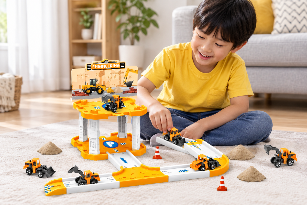 Niño jugando con el set de estacionamiento y camiones