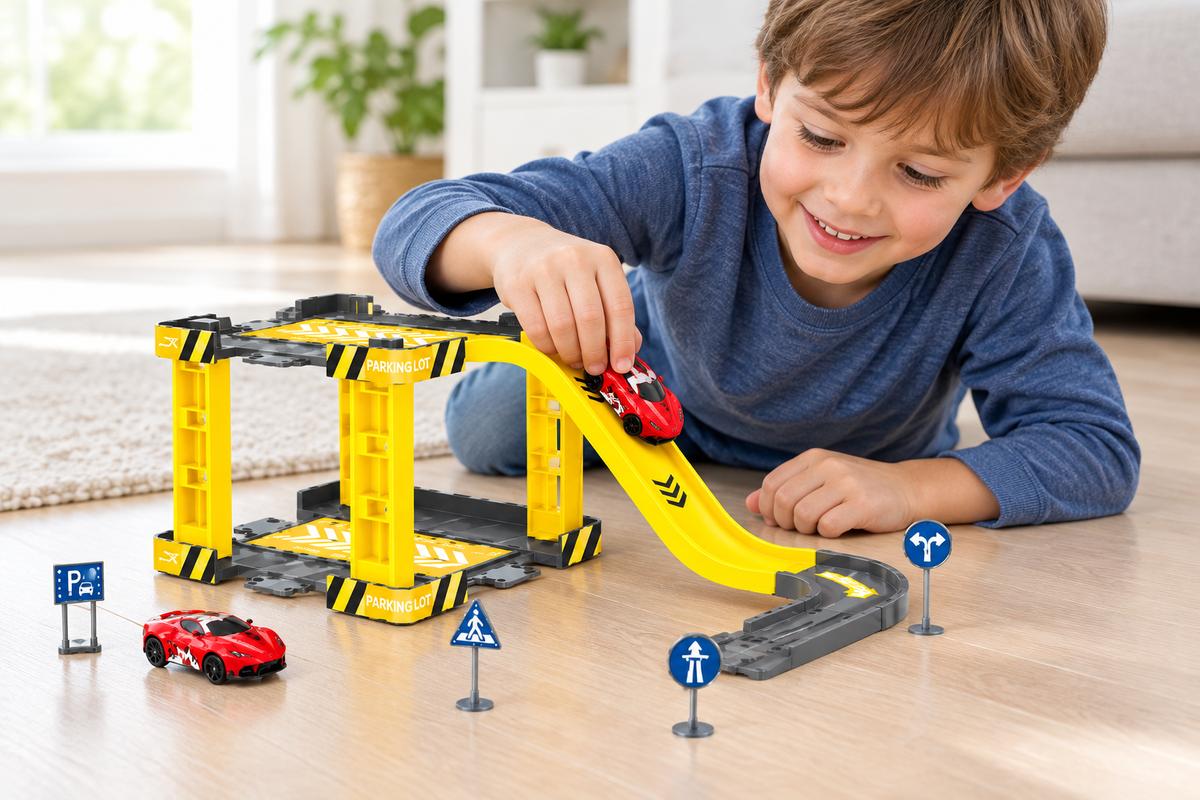 Niño jugando con el set de estacionamiento y carreras