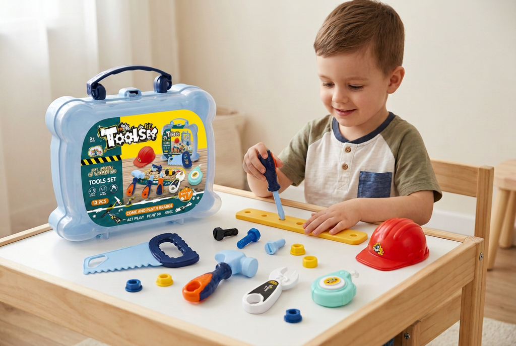 Niño jugando con el set de herramientas y la maleta con su calcomanía