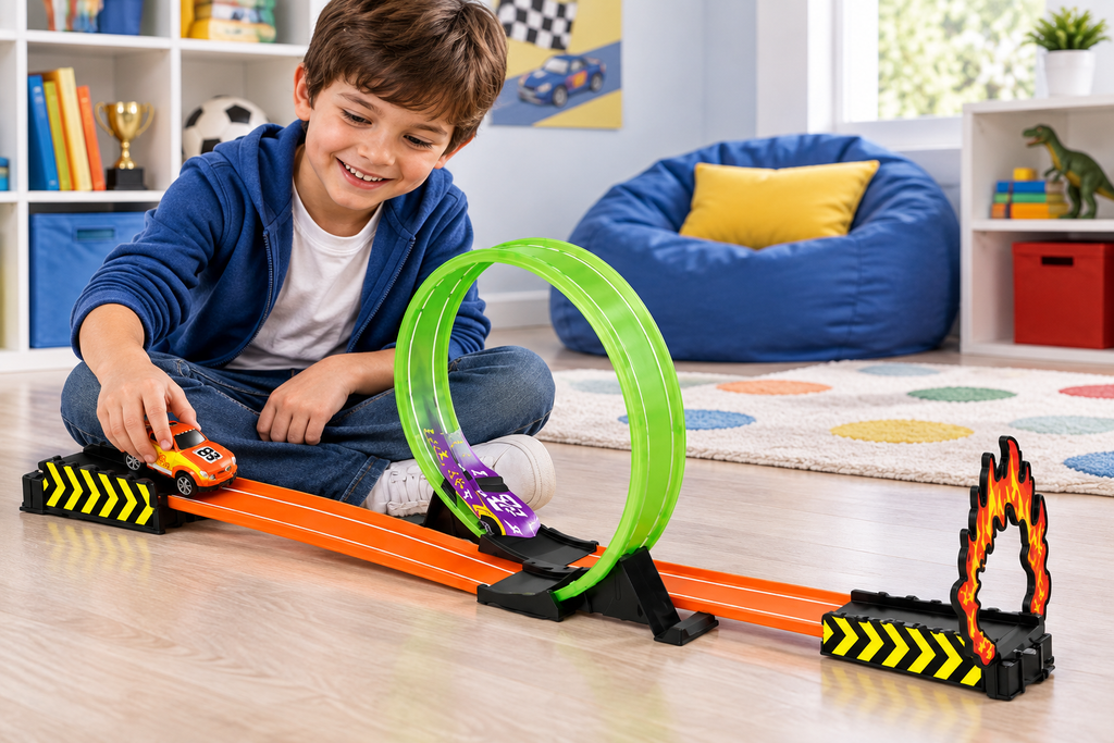 Niño jugando con el Super Track Set Crazy Car
