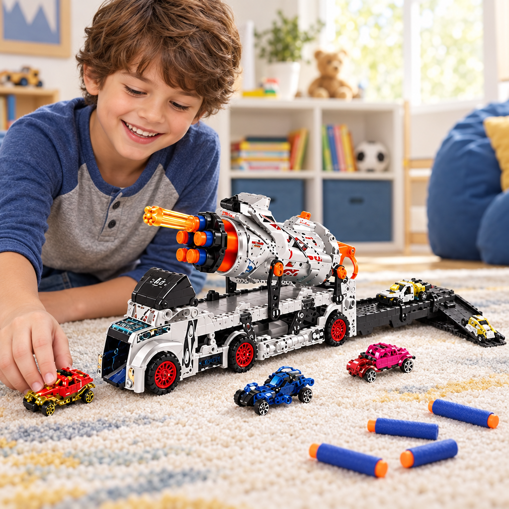 Niño jugando con el transportador lanzador de autos