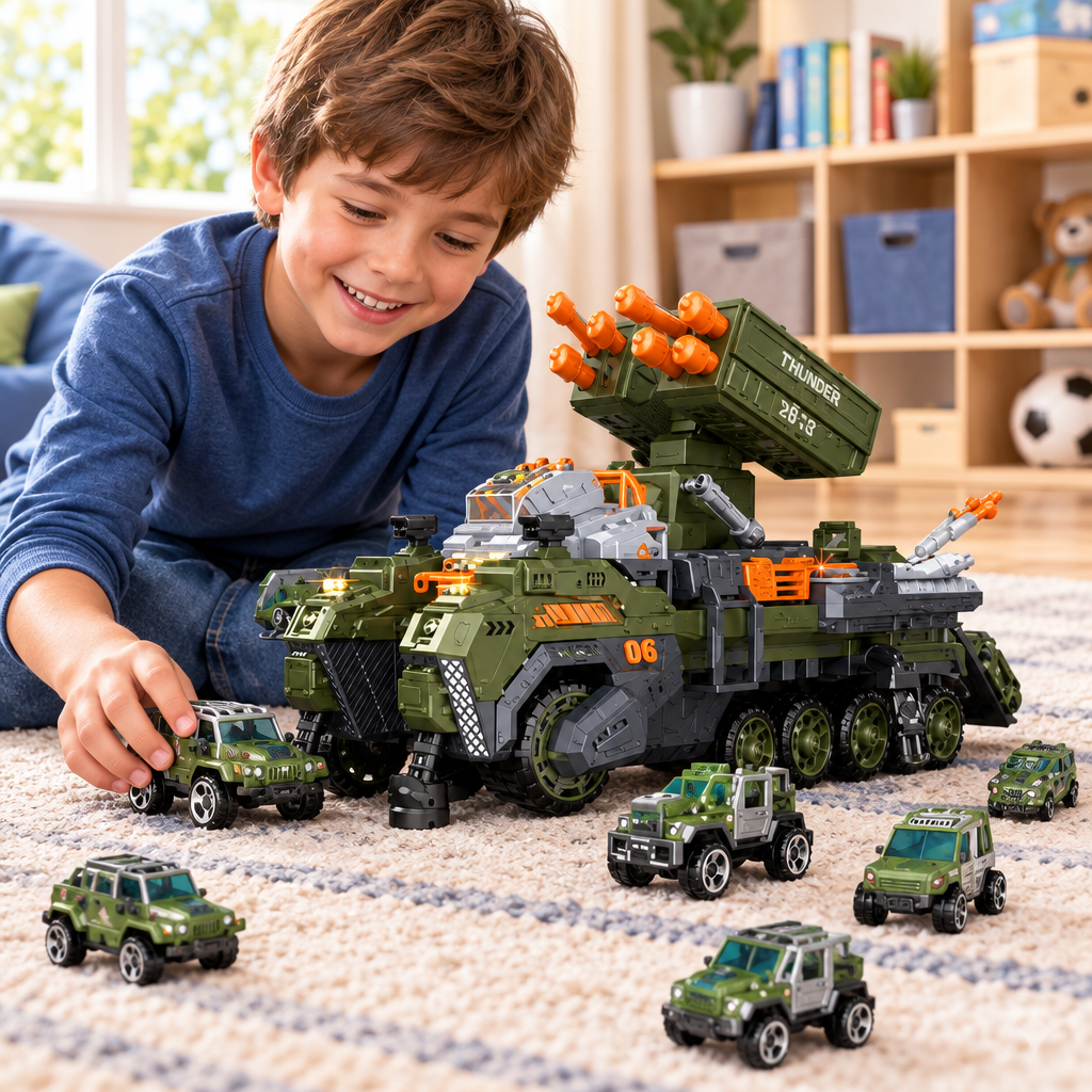 Niño jugando con el vehículo militar de juguete