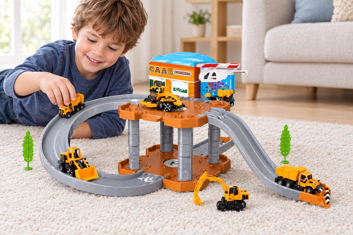 Niño jugando con la estación de parking de construcción